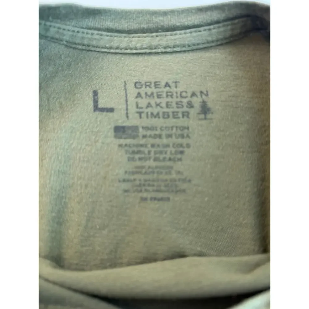 Great American Lakes & Timber USA Flag T-Shirt Large Olive Green Made in USA
